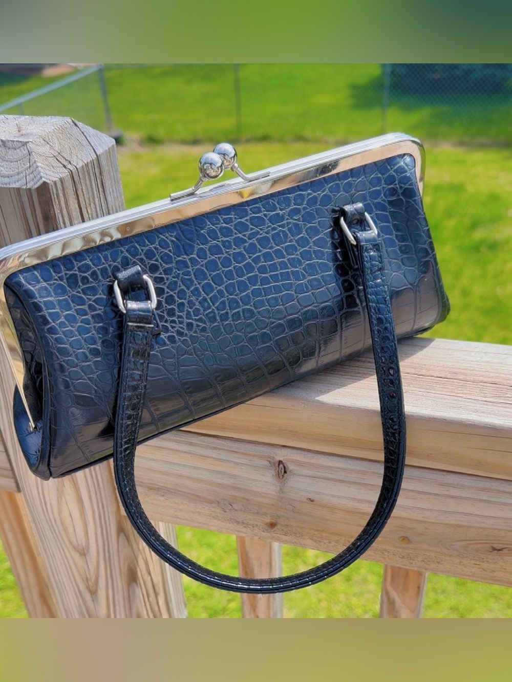 Vintage Black Croc Embossed Frame Handbag Silver Kiss Lock Purse